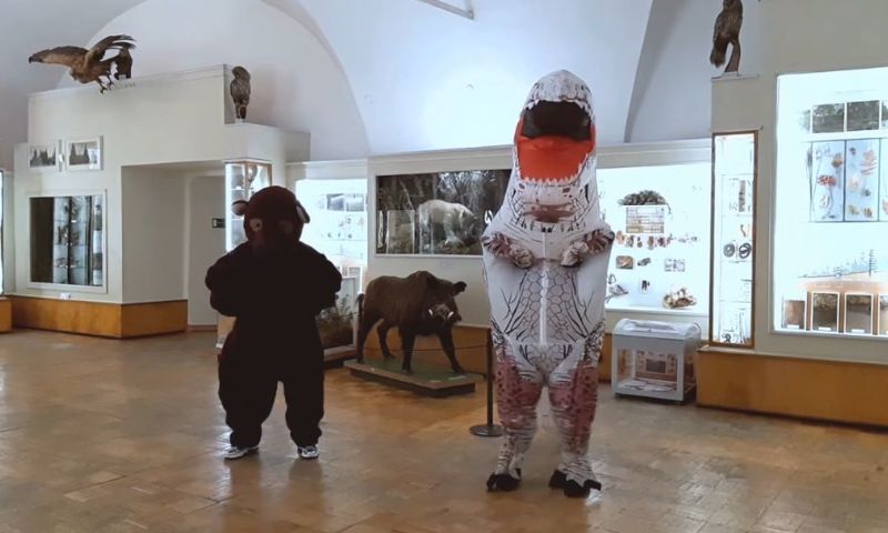 В пустующем ярославском музее-заповеднике медведь с динозавром объединились ради общей цели: видео