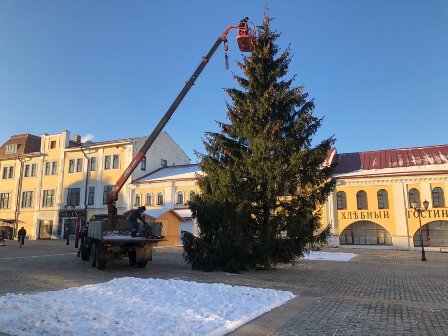 На Красной площади в Рыбинске начали наряжать новогоднюю елку