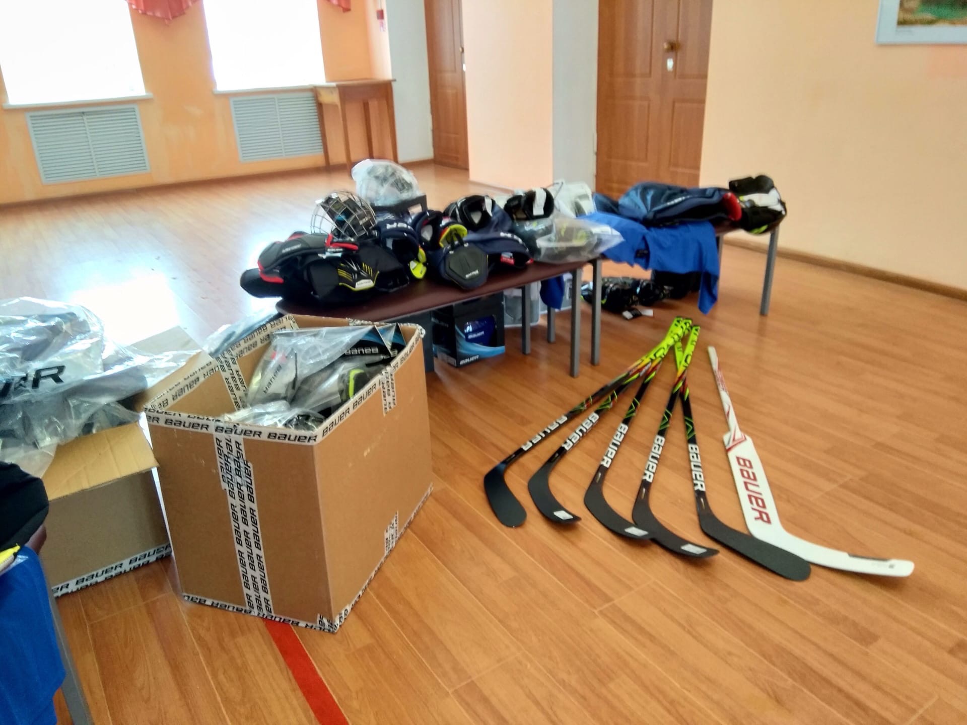 Дмитрий Миронов передал в подарок комплекты хоккейной экипировки школьникам поселка Борок