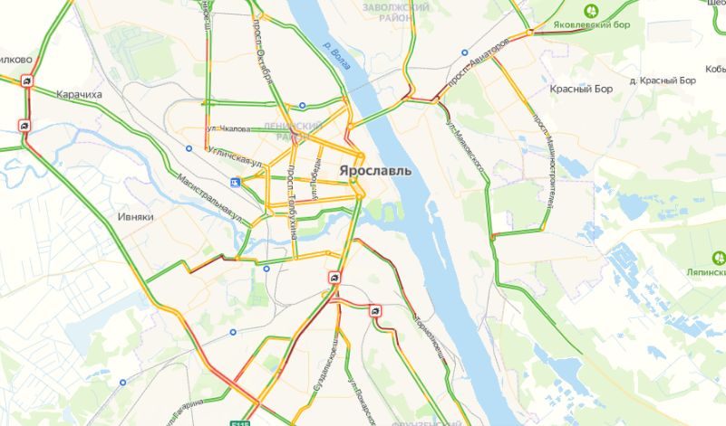 Пробки в Ярославле утром в понедельник достигли 10-ти баллов